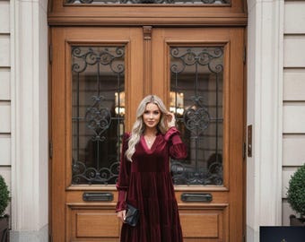 Velvet Christmas Dress for Women, V-Neck Puff Sleeve Short Holiday Outfit