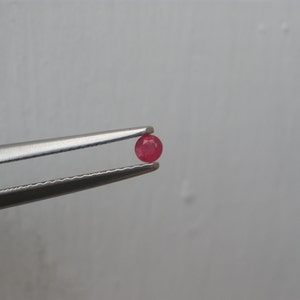 Könnte beinhalten: Nahaufnahme eines kleinen, runden, roten Edelsteins, der mit einer Pinzette gehalten wird.