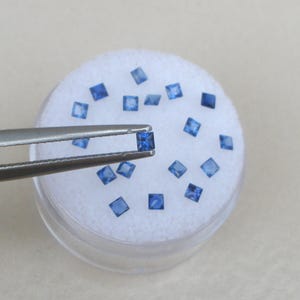 May include: A close-up of a collection of square-cut, deep blue gemstones. A pair of tweezers holds one gemstone, while others are scattered on a white, circular surface within a clear container. The gemstones have a vibrant, saturated color.