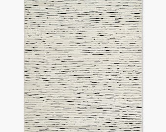 Hand Knotted Ivory Black Wool Rug Modern Minimal Textured Stripe Design Luxury Area Rug For Living Room Bedroom Contemporary Home