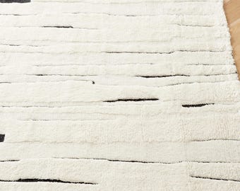 Hand Knotted Ivory Black New Zealand Wool Area Rug Modern Abstract Linear Design Handmade Rug For Living Room Bedroom 8x10 9x10 10x10