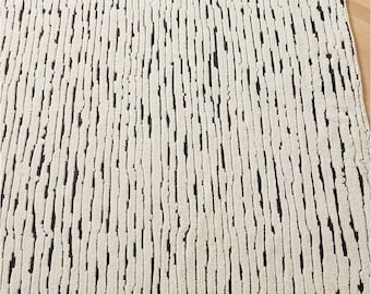 Hand Knotted Ivory Black Wool Rug Modern Minimal Textured Strip Design Luxury Area Rug Living Room Bedroom Contemporary Home 8x10 9x10 10x10