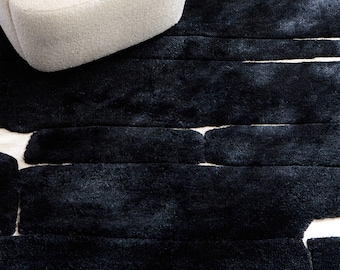 Hand Knotted Black Wool Area Rug Modern Abstract Minimal Design Handmade Luxury Rug For Living Room Bedroom Contemporary  8x10 9x10 10x10