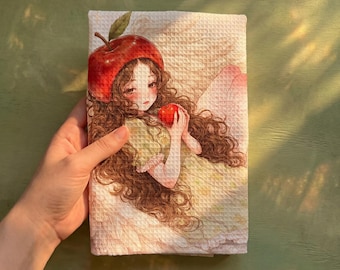 Waffle Weave Kitchen Hand Towel | Cute Fairy Angel with Red Apple| housewarming hostess gift| japanese style| tea guest towel | cottagecore