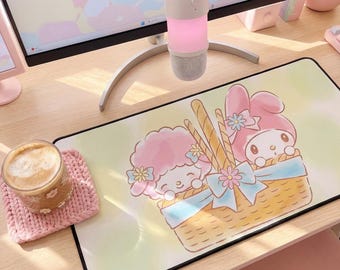 Tappetino da scrivania My Melody and Sweet Piano / Tappetino per mouse con coniglietti kawaii pastello / Configurazione rosa / Arredamento per postazione di lavoro / Arredamento per PC / Idee per la configurazione di gioco / Tappetino da scrivania