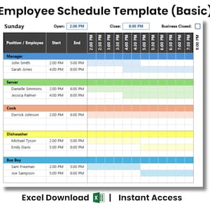 May include: An employee schedule template titled "Employee Schedule Template (Basic)" with a grid layout. The schedule includes employee names, positions, and time slots from 14:00 to 20:00. The text "Excel Download" and "Instant Access" are also present.