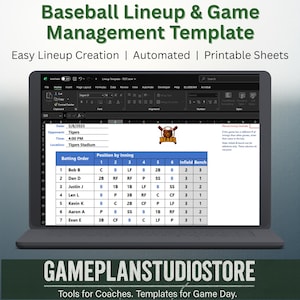 May include: A laptop displays a baseball lineup and game management template. The screen shows a lineup with batting order and positions, with the text "Baseball Lineup & Game Management Template" at the top. The template is from GAMEPLANSTUDIOSTORE.