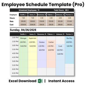 Employee Scheduling Excel Template (Pro), Staff Schedule Planner, Small Business Shift Scheduler, Weekly Work Schedule
