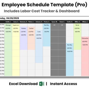 May include: An Employee Schedule Template (Pro) spreadsheet with a Labor Cost Tracker & Dashboard. The grid displays Sunday, 04/26/2026, with columns for staff names, roles, and shift times color-coded in green, yellow, blue, pink, and gray.