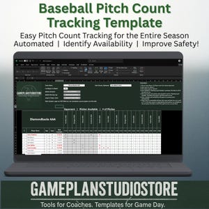 May include: A laptop displays a baseball pitch count tracking template. The screen shows a spreadsheet with team names, player data, and pitch counts. Text at the top reads "Baseball Pitch Count Tracking Template." The bottom of the screen displays "GAMEPLANSTUDIOSTORE."