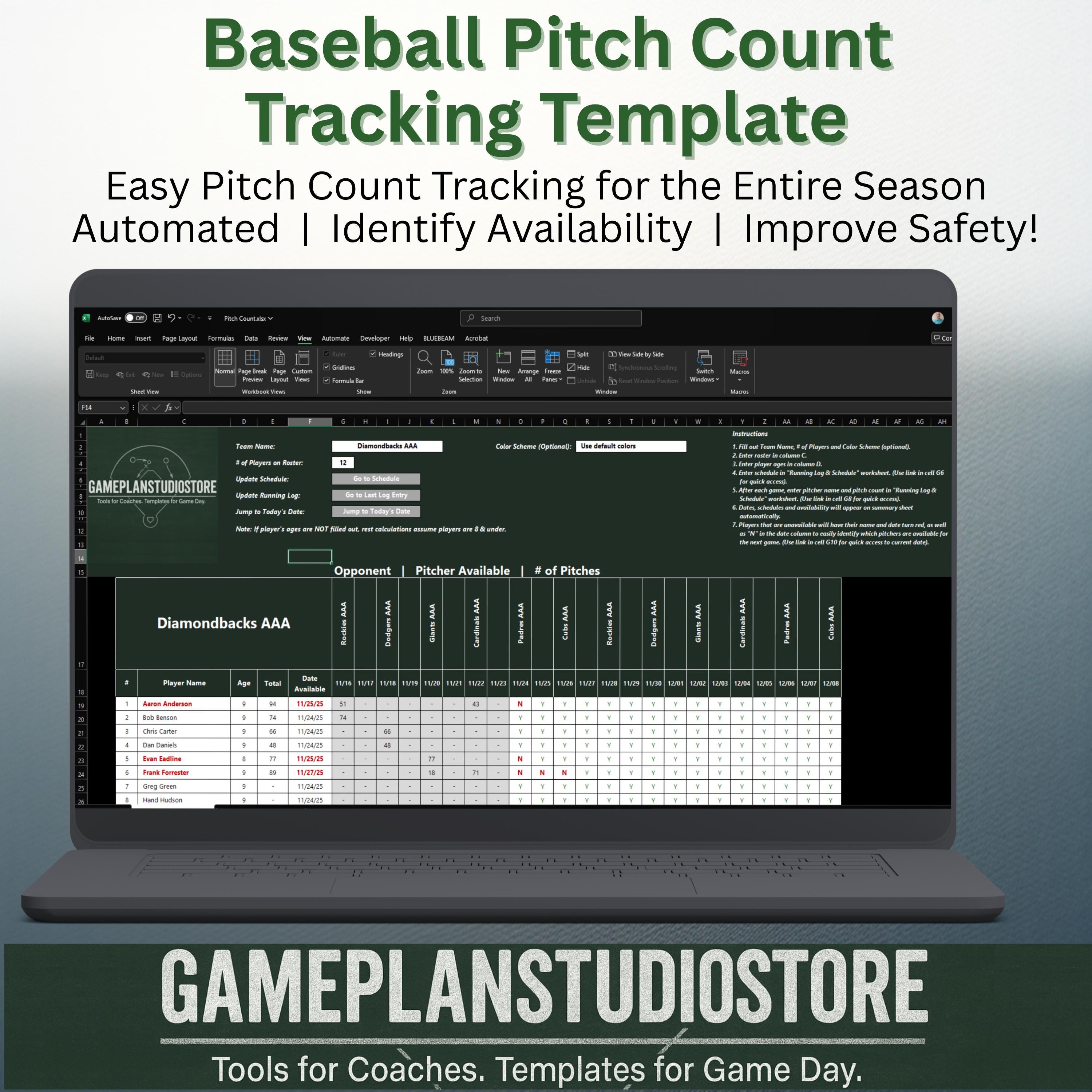 Pitching Practice Tracker Baseball Pitch Count Tracker Template | Pitchsmart Rest Calculator ...