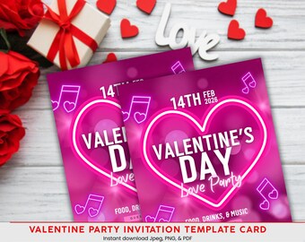 May include: Valentine's Day party invitation template card with a pink heart design. The invitation features the text "VALENTINE'S DAY Love Party" and "14th Feb 2026". Decorative elements include musical notes and the word "Love".