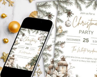 Op de afbeelding: Een smartphone toont een uitnodiging voor een kerstfeest naast gedrukte uitnodigingen. Het ontwerp heeft een feestelijke aquarel illustratie met dennentakken, ornamenten en de tekst "Christmas Party" met de datum 25 december.