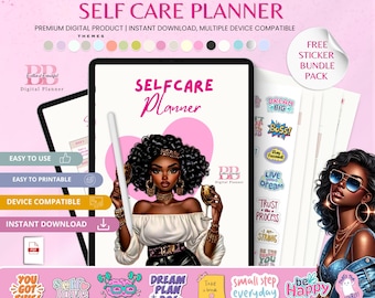 Può includere: Planner digitale per la cura di sé con il testo "SELF CARE PLANNER". L'immagine presenta un'illustrazione digitale di una donna che tiene uno stilo e un bicchiere di vino. Include un pacchetto di adesivi gratuito ed è facile da usare, stampabile e compatibile con i dispositivi.