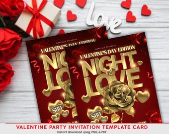 以下が含まれることがあります： 赤い背景に「Night of Love」と金色の文字が書かれた2枚のバレンタインデーのパーティー招待状。カードには金のバラ、ハート、そして「Valentine Party Invitation Template Card」の文字が描かれています。