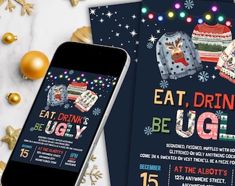 Modello di invito per una festa con maglione brutto / Biglietto di Natale modificabile (Canva fai da te)