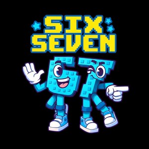 Może przedstawiać: Kreskówka na czarnym tle z napisem "SIX: SEVEN" w żółtych pikselowanych literach. Dwie niebieskie, animowane cyfry, "6" i "7", są spersonifikowane z ramionami, nogami i butami. "6" macha, a "7" wskazuje.