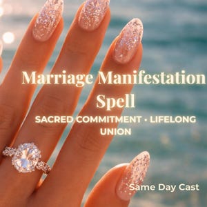 Op de afbeelding: Een hand met een diamanten verlovingsring met een grote ovale middensteen en kleinere accentstenen. De afbeelding bevat de tekst "Marriage Manifestation Spell" en "Sacred Commitment • Lifelong Union."