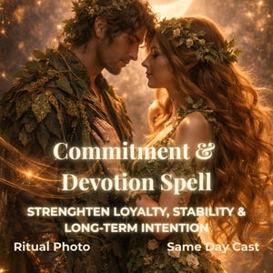 Peut inclure: Image numérique d'un couple dans un cadre mystique, orné de feuilles et de couronnes florales. Le texte indique "Commitment & Devotion Spell" avec un texte supplémentaire promouvant la loyauté et la stabilité.