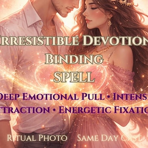 Pode incluir: Arte digital com um casal com o texto "Irresistible Devotion Binding Spell". A imagem inclui as frases "Deep Emotional Pull, Intense Attraction, Energetic Fixation" e "Ritual Photo, Same Day Cast."