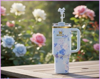 Vaso térmico azul floral de 1,2 litros (40 oz) / Taza de acero inoxidable con aislamiento, asa y pajita / Taza de viaje para mujer