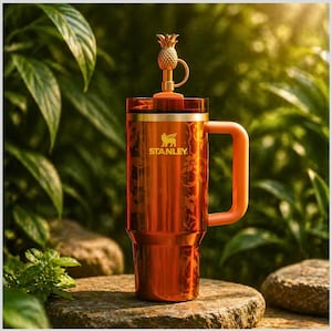 May include: A metallic orange Stanley tumbler with a floral pattern, a side handle, and a gold-colored pineapple-shaped topper on the lid. The cup features the Stanley logo and a bear icon in gold, with a translucent lid and a smooth finish.