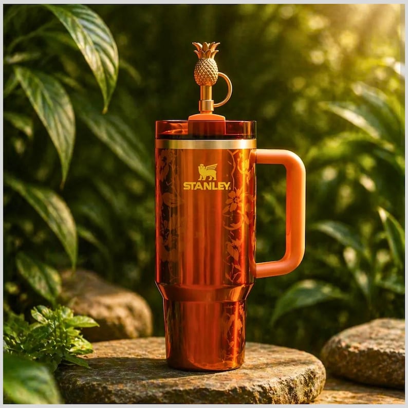 May include: A metallic orange Stanley tumbler with a floral pattern, a side handle, and a gold-colored pineapple-shaped topper on the lid. The cup features the Stanley logo and a bear icon in gold, with a translucent lid and a smooth finish.