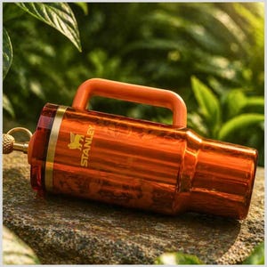 May include: A translucent orange Stanley tumbler featuring a matching orange handle, a gold-toned band near the top, and a subtle floral pattern etched into the body. The brand logo is printed in gold on the side of the vessel.
