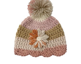 Crochet Baby Girl Hat with Flower, Pom Pom Baby Beanie, Newborn–6 Month Winter Hat, Handmade Baby Shower Gift