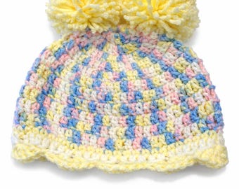 Baby Crochet Pom Pom Hat – Handmade Pastel Newborn Beanie, Soft Infant Winter Hat, Baby Gift