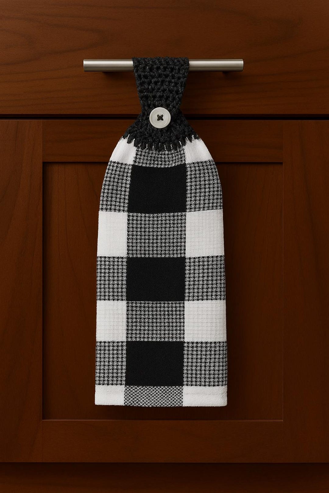 Buffalo Plaid Hanging Dish Towel With Hand-crocheted Topper, Black and ...