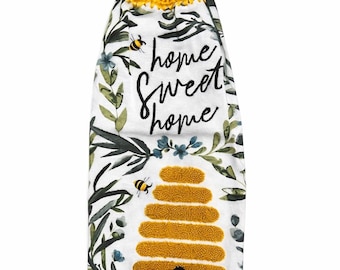 Bee Kitchen Dish Towel with Hand Crocheted Topper, Hanging Tea Towel, Home Sweet Home Decor, Custom 3D Printed Button