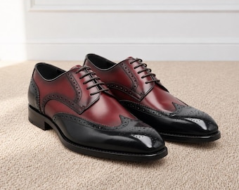 Burgundy and Black Wingtip Derby Shoes: Handcrafted Leather Brogues