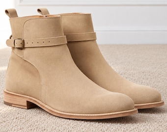 Beige Suede Jodhpur Boots, Men's Buckle Ankle Boots with Tan Soles
