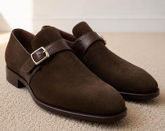 Brown Suede Monk Strap Loafers Mens Slip On Dress Shoes Buckle Loafers