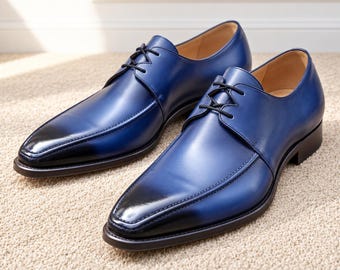 Blue Leather Apron Toe Derby Shoes for Men, Burnished Lace-Up Dress Shoes