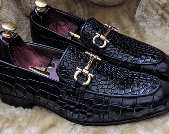 Custom Handmade Black Crocodile Leather Horsebit Loafers Mens Luxury Dress Shoes
