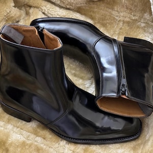 Handmade Black High Shine Leather Zip Ankle Boots Mens Dress Chelsea Style Boots