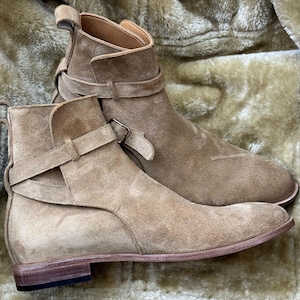 Made To Order Beige Suede Jodhpur Monk Strap Ankle Boots Mens Dress Casual Boots