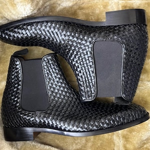 Handmade Black Woven Leather Chelsea Boots Mens Basket Weave