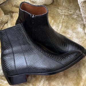 Black Python Textured Ankle Boots Mens Chelsea Boots Reptile Texture Block Heel