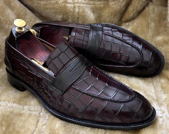 Burgundy Crocodile Embossed Penny Loafers Mens Dress Shoes Handmade Slip On Loafers