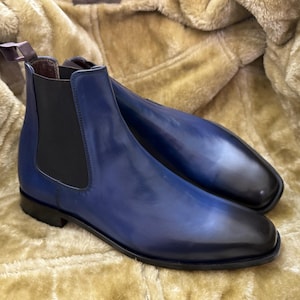 Handmade Blue Leather Chelsea Boots: Mens Ankle Dress Boots