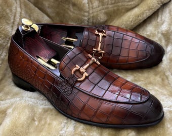 Handmade Brown Crocodile Embossed Bit Loafers Mens Dress Shoes Horsebit Slip On Loafers
