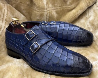 Handmade Navy Crocodile Embossed Double Monk Strap Dress Shoes