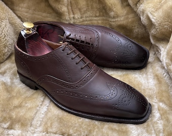 Bruin lederen handgemaakte vleugeltip Oxford schoenen brogue herenschoenen formele schoenen