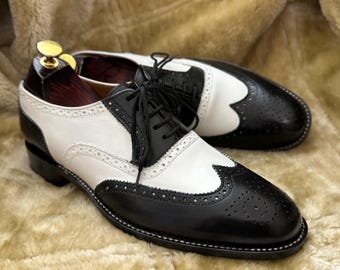 Mens Black & White Leather Wingtip Spectator Oxford Shoes