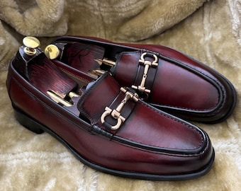 Bespoke Burgundy Leather Bit Loafers Mens Dress Shoes Horsebit Slip On Loafers