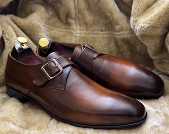 Handmade Brown Leather Monk Strap Dress Shoes Mens Formal Buckle Shoes
