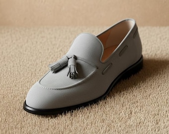 Men's Light Grey Tassel Loafers | Pebbled Leather Slip-On Dress Shoes | Minimalist Moccasin | Smart Casual & Wedding Shoes for Men